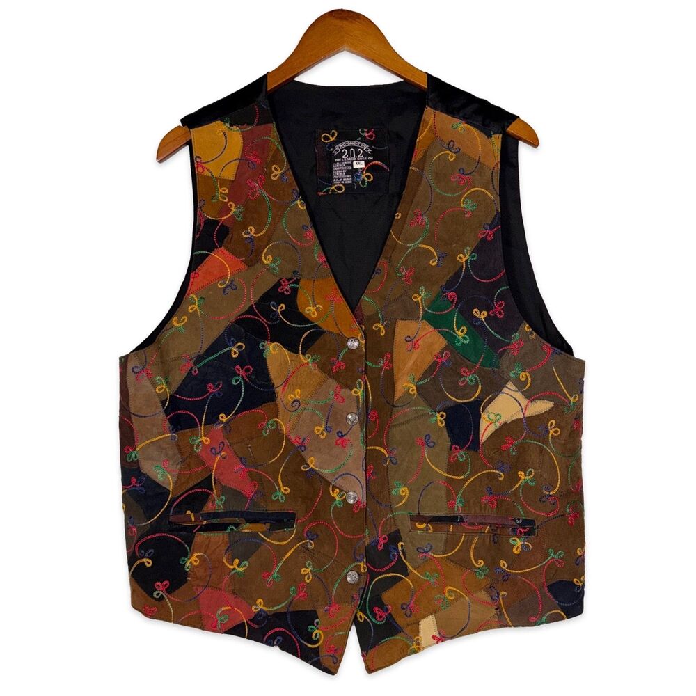 Vintage Leather Patchwork Vest Embroidered 90s Streetwear Two One Two XXL